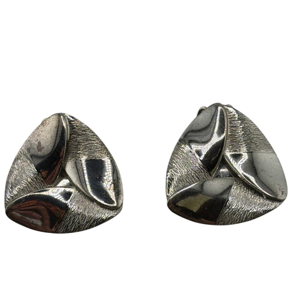 Vintage Style Modernist Silver Tone Clip On Earrings